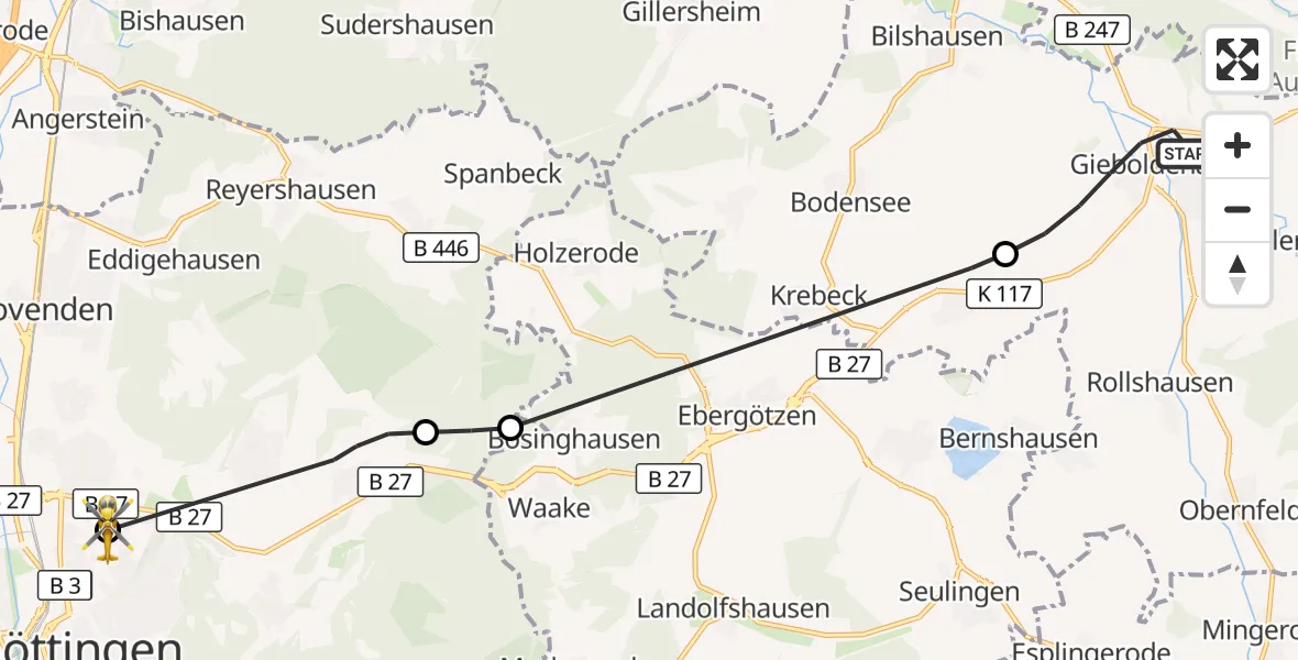 Flugroute Rettungshubschrauber Gieboldehausen - Göttingen University Clinic Hubschrauberlandeplatz, 22 August 2026, 08:29