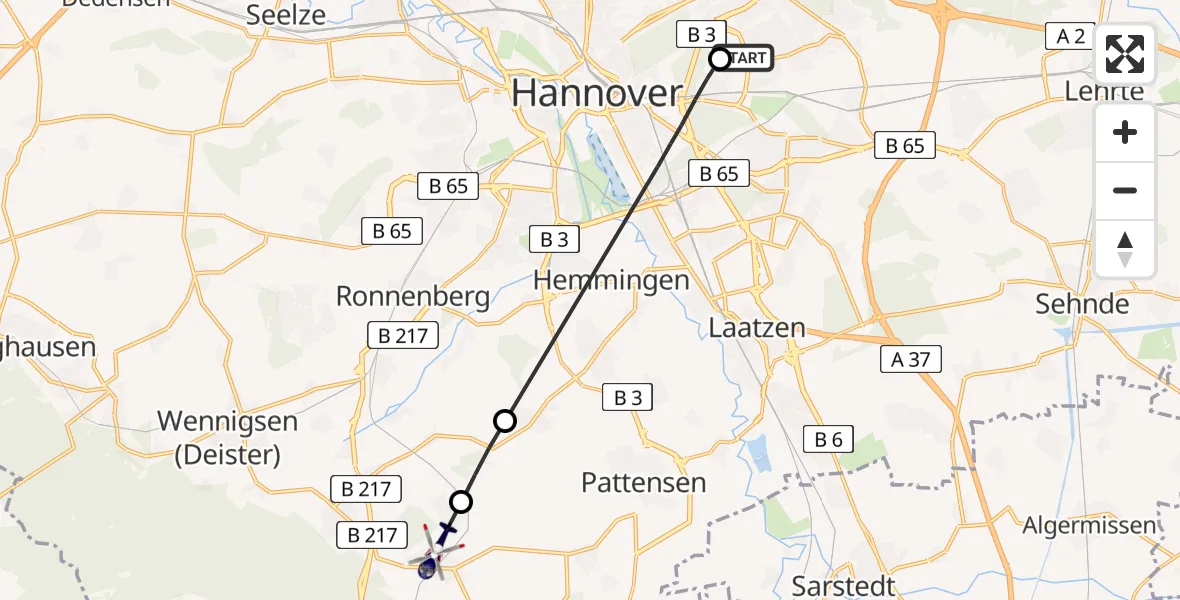 Flugroute Polizeihubschrauber Hannover Luftrettung Hubschrauberlandeplatz (Christoph 4) - Springe, 22 August 2026, 08:29