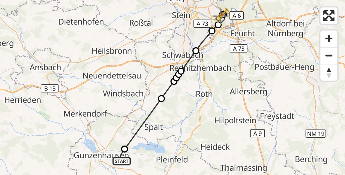 Flugroute Ambulanzhubschrauber Pfofeld - Nürnberg South Hospital, 22 August 2026, 08:34