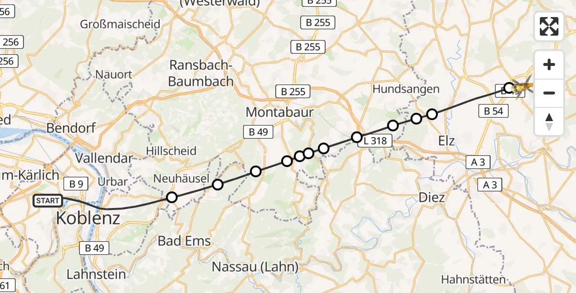 Flugroute Rettungshubschrauber Koblenz - Beselich, 22 August 2026, 08:53