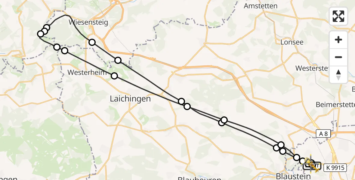Flugroute Rettungshubschrauber Ulm Military Hospital Emergency - ADAC Air Rescue Station Ulm (Christoph 22), 22 August 2026, 08:54