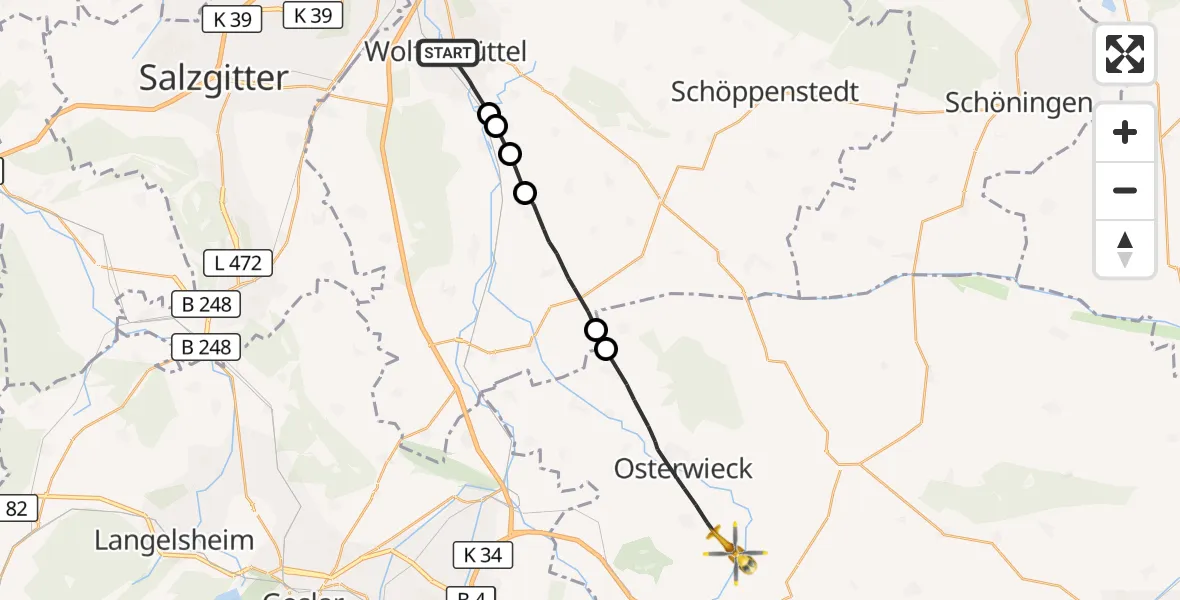 Flugroute Rettungshubschrauber Wolfenbüttel - Nordharz, 22 August 2026, 09:04