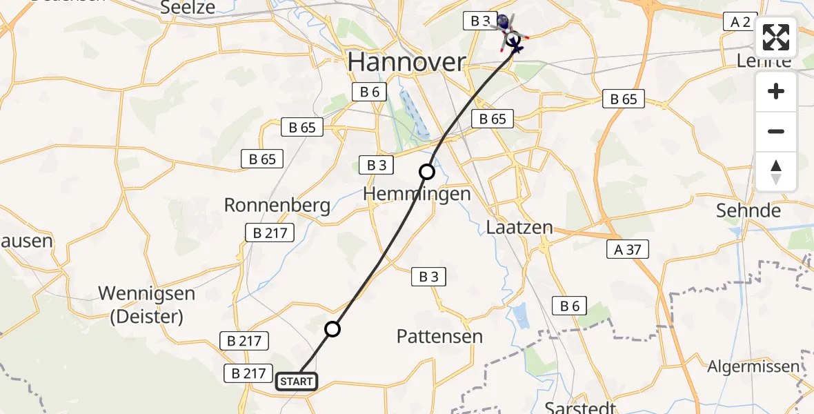 Flugroute Polizeihubschrauber Springe - Hannover Luftrettung Hubschrauberlandeplatz (Christoph 4), 22 August 2026, 09:05