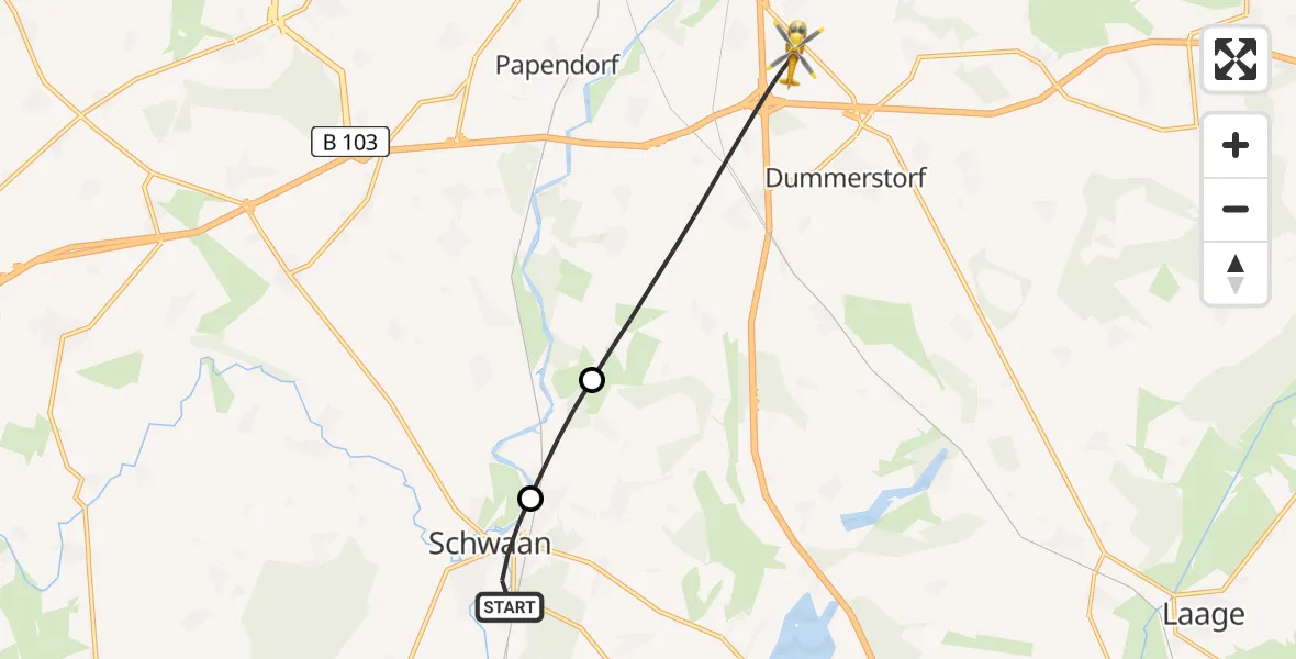Flugroute Ambulanzhubschrauber Schwaan - Dummerstorf, 22 August 2026, 09:06