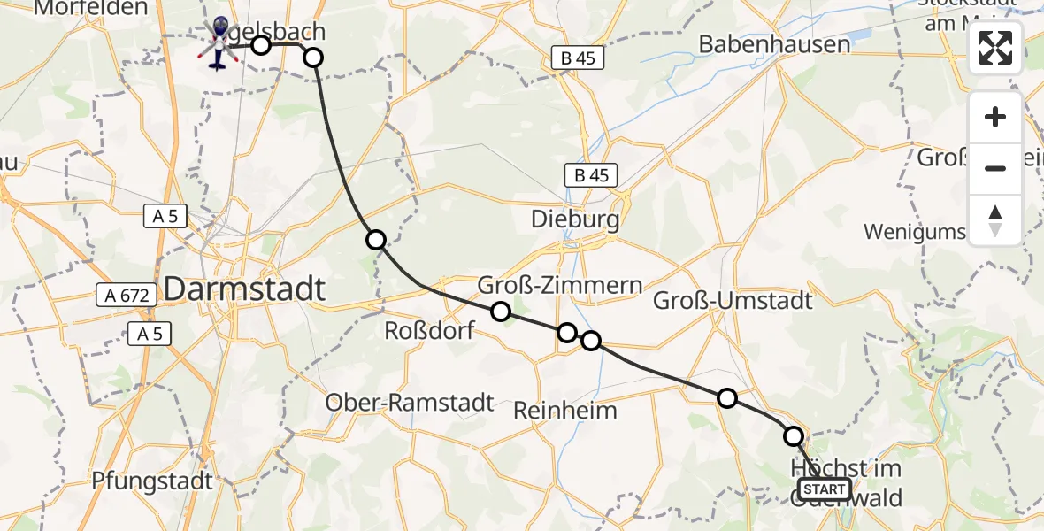Flugroute Polizeihubschrauber Höchst i.Odw. - Flughafen Frankfurt-Egelsbach, 22 August 2026, 09:09
