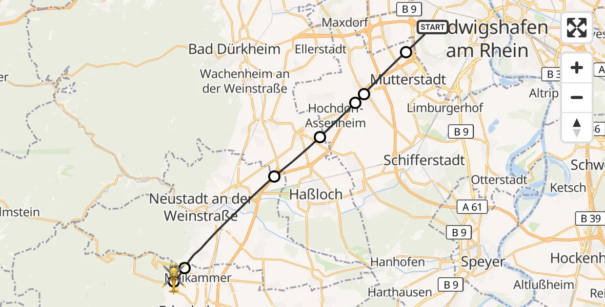 Flugroute Rettungshubschrauber Ludwigshafen am Rhein - Sankt Martin, 22 August 2026, 09:11