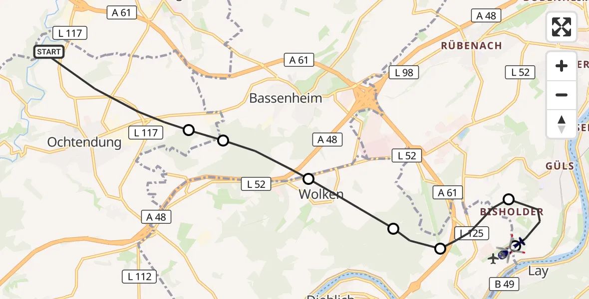Flugroute Polizeihubschrauber Ochtendung - Koblenz-Winningen Flugplatz, 22 August 2026, 09:13