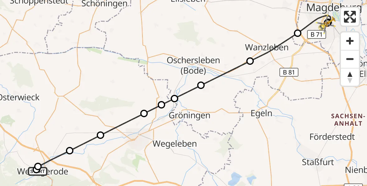 Flugroute Rettungshubschrauber Harz Hospital Wernigerode - Magdeburg University Hospital, 22 August 2026, 09:17