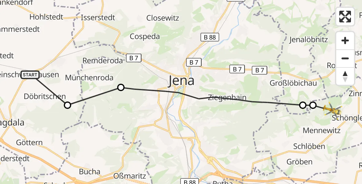 Flugroute Rettungshubschrauber Kleinschwabhausen - Jena-Schöngleina Flugplatz, 22 August 2026, 09:17