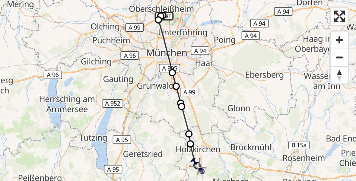 Flugroute Polizeihubschrauber Oberschleissheim Hubschrauberlandeplatz - Warngau, 22 August 2026, 09:19