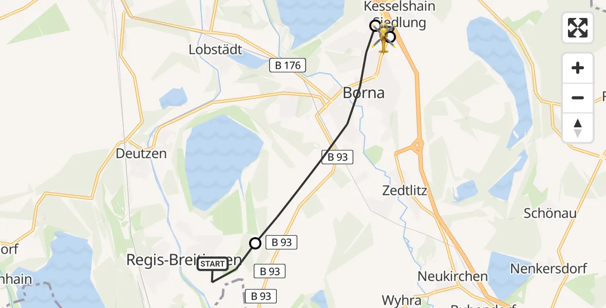 Flugroute Rettungshubschrauber Regis-Breitingen - Sana Hospital Borna, 22 August 2026, 09:45