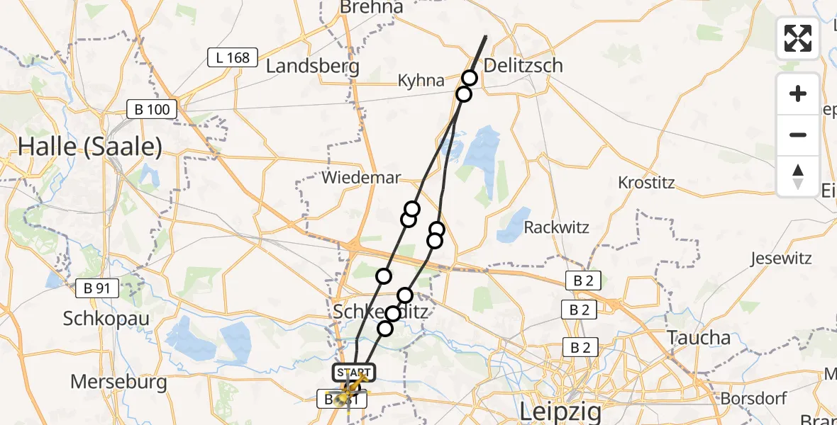 Flugroute Rettungshubschrauber Schkeuditz - ADAC Air Rescue Station Leipzig/Schkeuditz-Dölzig Hubschrauberlandeplatz (Christoph 61), 22 August 2026, 09:45