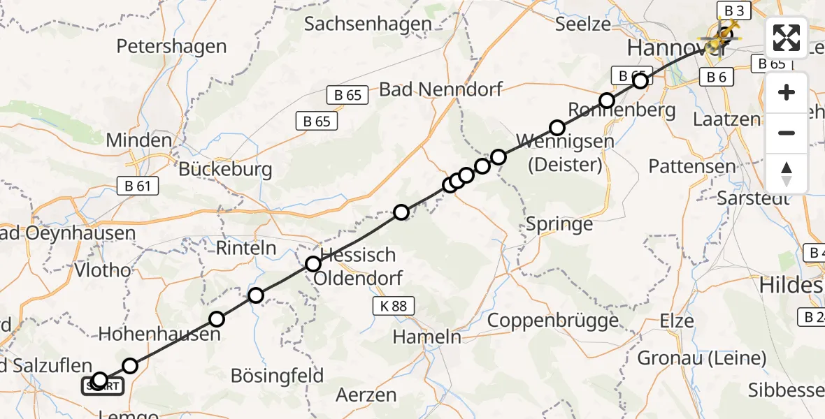 Flugroute Rettungshubschrauber Lemgo - Hannover Luftrettung Hubschrauberlandeplatz (Christoph 4), 22 August 2026, 09:50