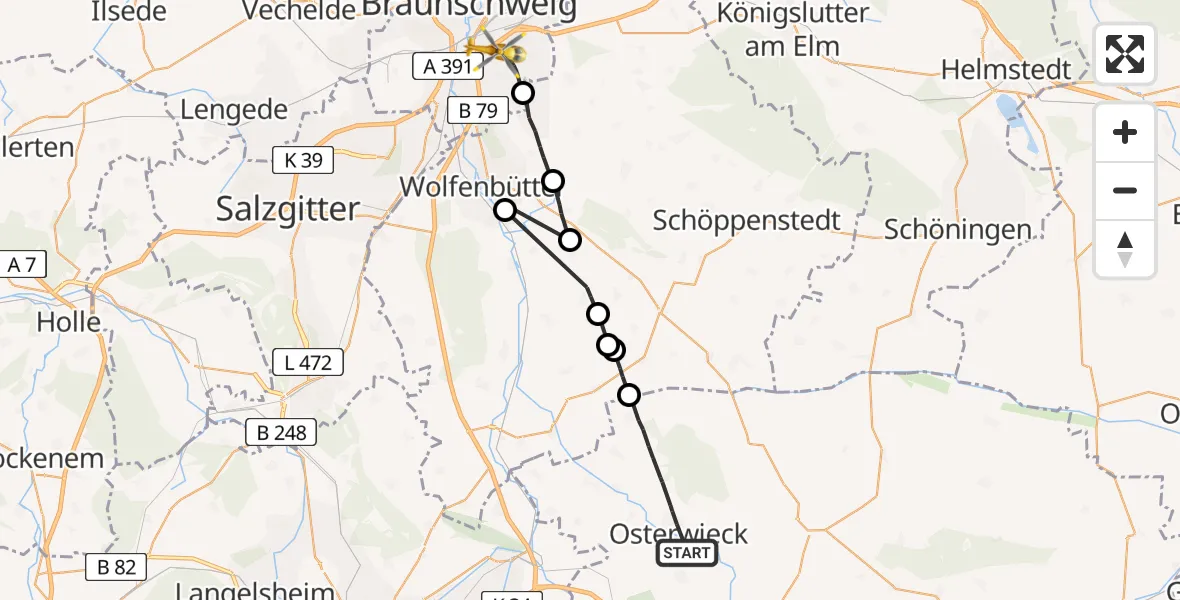 Flugroute Rettungshubschrauber Osterwieck - Braunschweig, 22 August 2026, 09:53