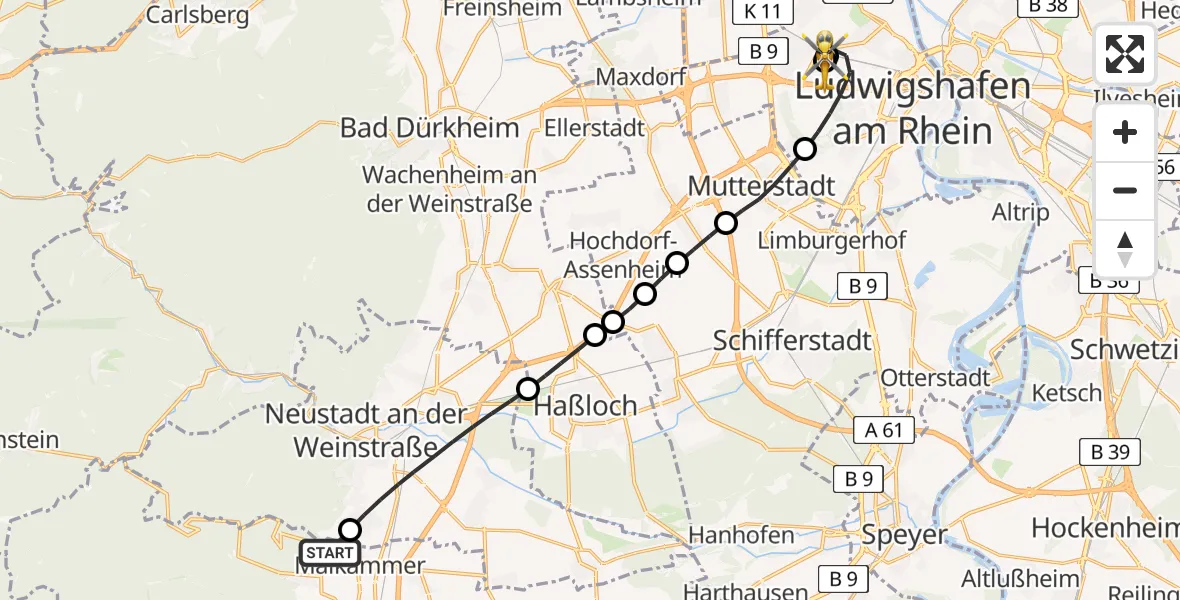 Flugroute Rettungshubschrauber Maikammer - Ludwigshafen Accident Hospital, 22 August 2026, 09:54