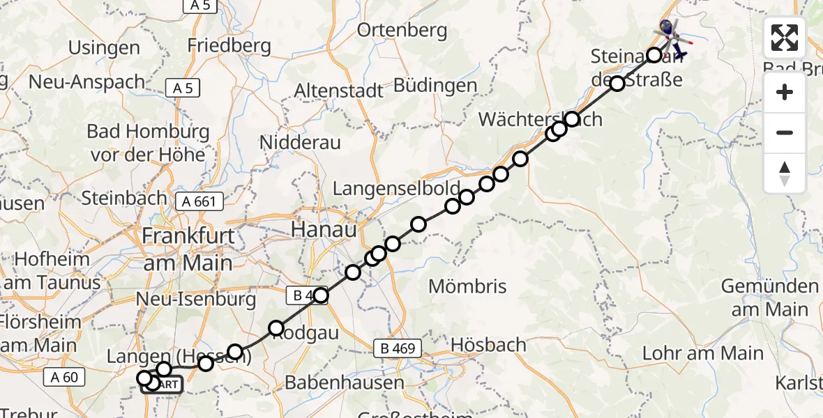 Flugroute Polizeihubschrauber Flughafen Frankfurt-Egelsbach - Schlüchtern, 22 August 2026, 09:56