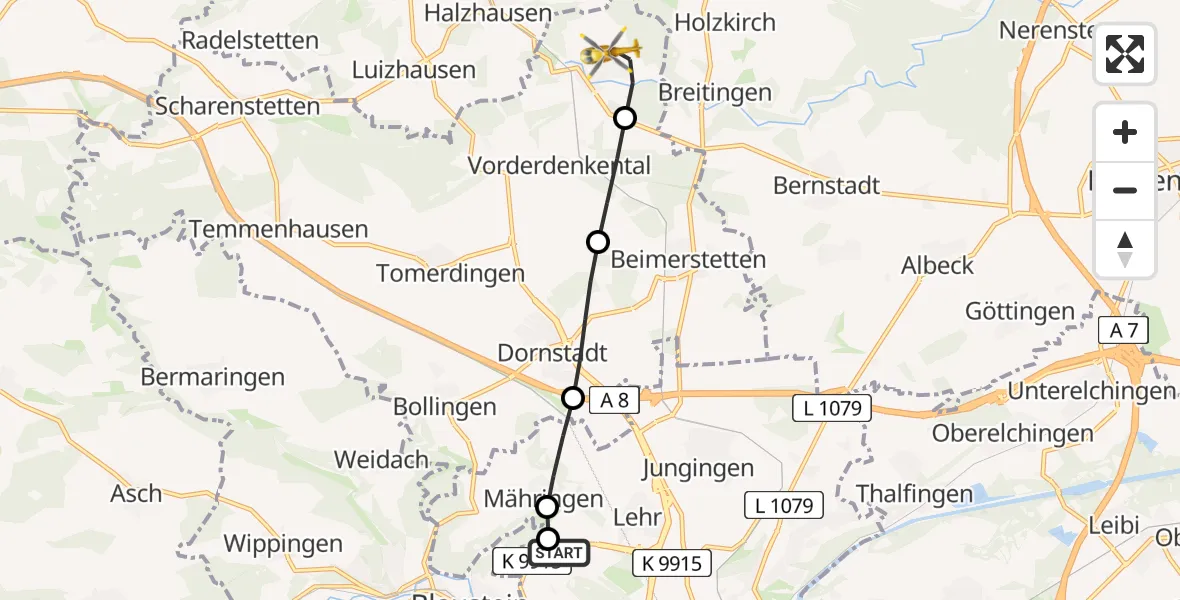 Flugroute Rettungshubschrauber Ulm Military Hospital Emergency - Westerstetten, 22 August 2026, 10:01