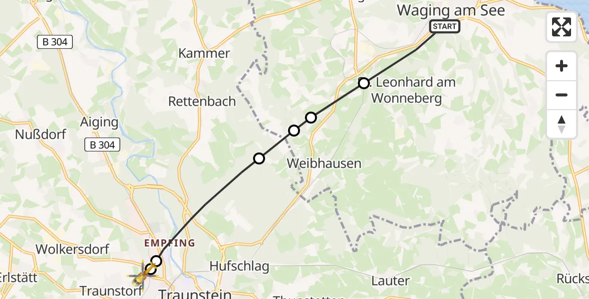 Flugroute Rettungshubschrauber Waging a.See - Traunstein Hospital, 22 August 2026, 10:02