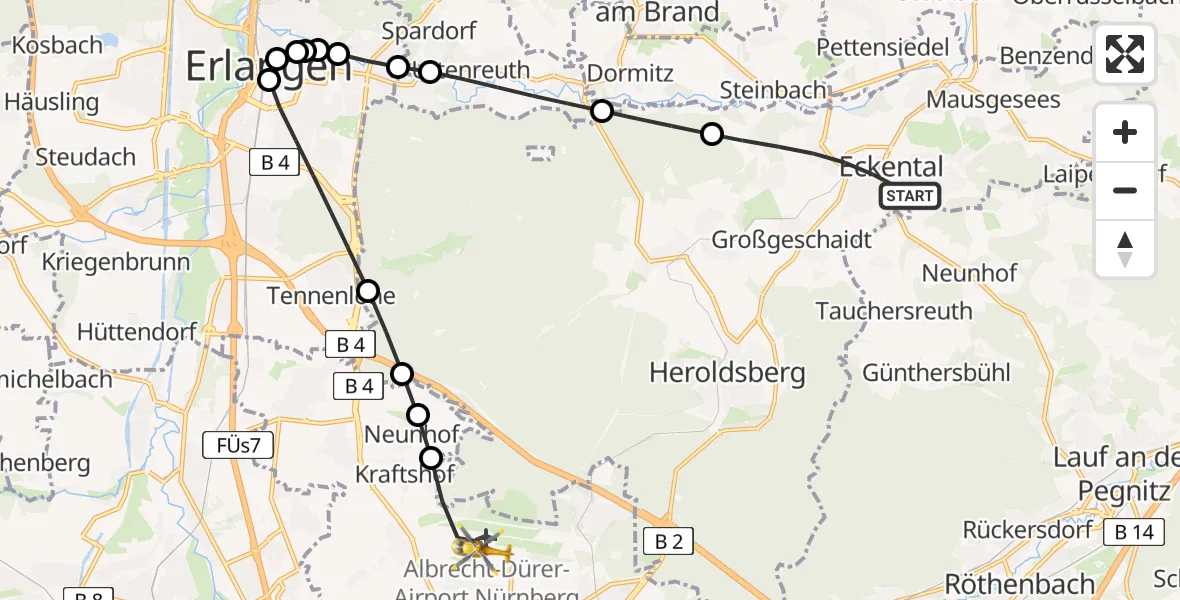 Flugroute Rettungshubschrauber Eckental - Flughafen Nuremberg, 22 August 2026, 10:03