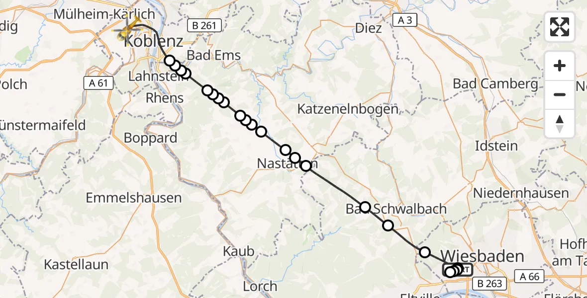 Flugroute Rettungshubschrauber Helios Horst Schmidt Clinic (HSK) - Koblenz, 22 August 2026, 10:05