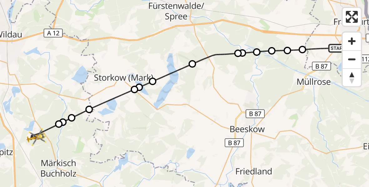 Flugroute Rettungshubschrauber Frankfurt (Oder) - Groß Köris, 22 August 2026, 10:06