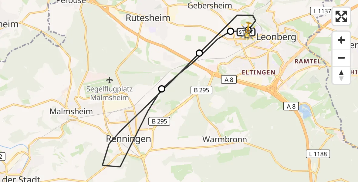 Flugroute Rettungshubschrauber Leonberg Hospital - Leonberg Hospital, 22 August 2026, 10:07