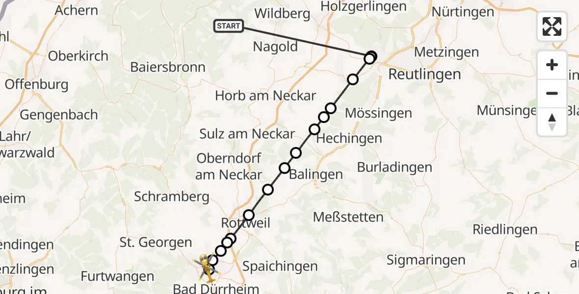 Flugroute Ambulanzhubschrauber Altensteig - DRF Air Rescue Station Villingen-Schwenningen Hubschrauberlandeplatz (Christoph 11), 22 August 2026, 10:19