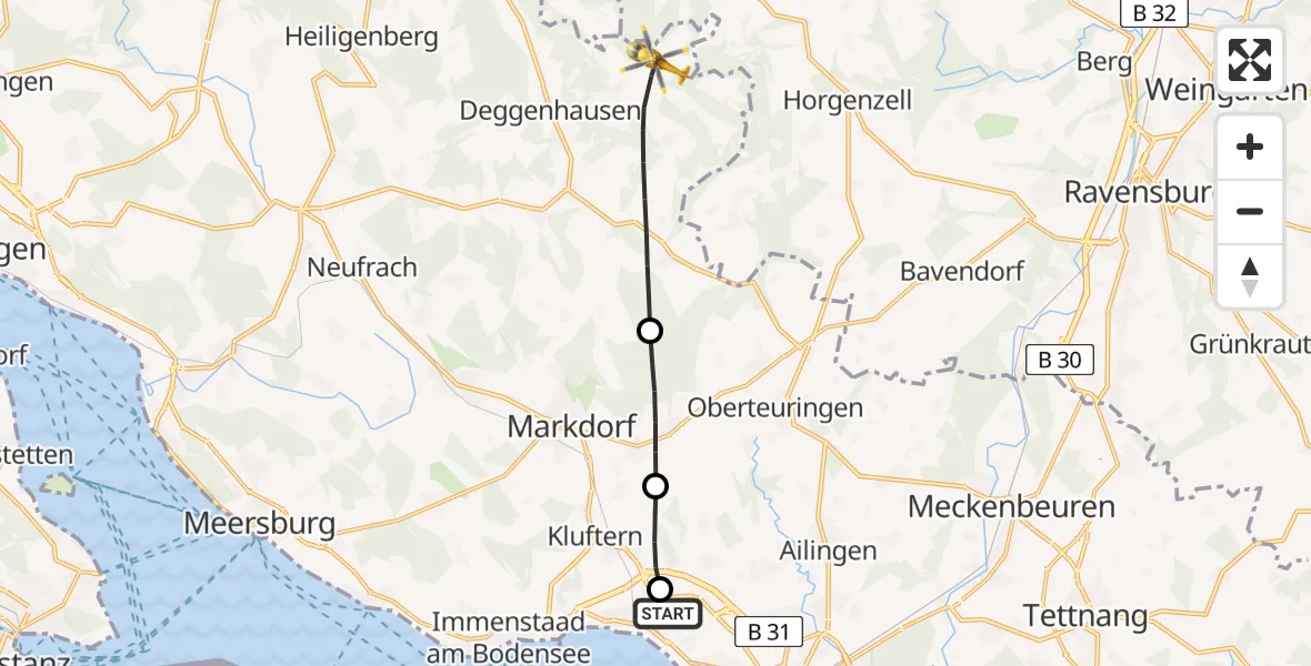 Flugroute Rettungshubschrauber Friedrichshafen Hospital - Deggenhausertal, 22 August 2026, 10:21