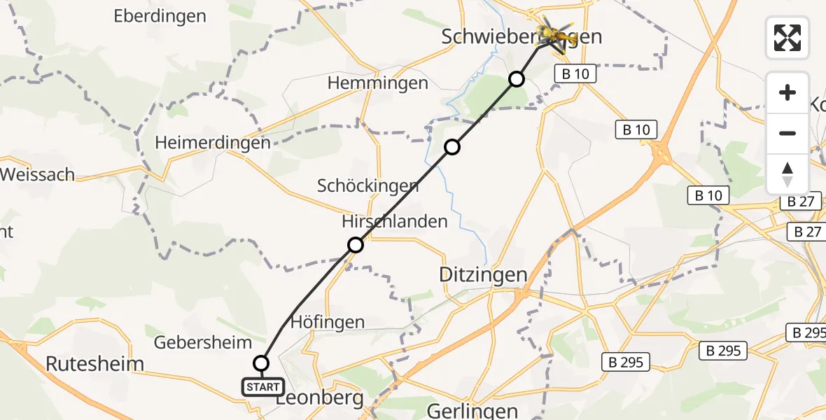 Flugroute Rettungshubschrauber Leonberg Hospital - Schwieberdingen, 22 August 2026, 10:45