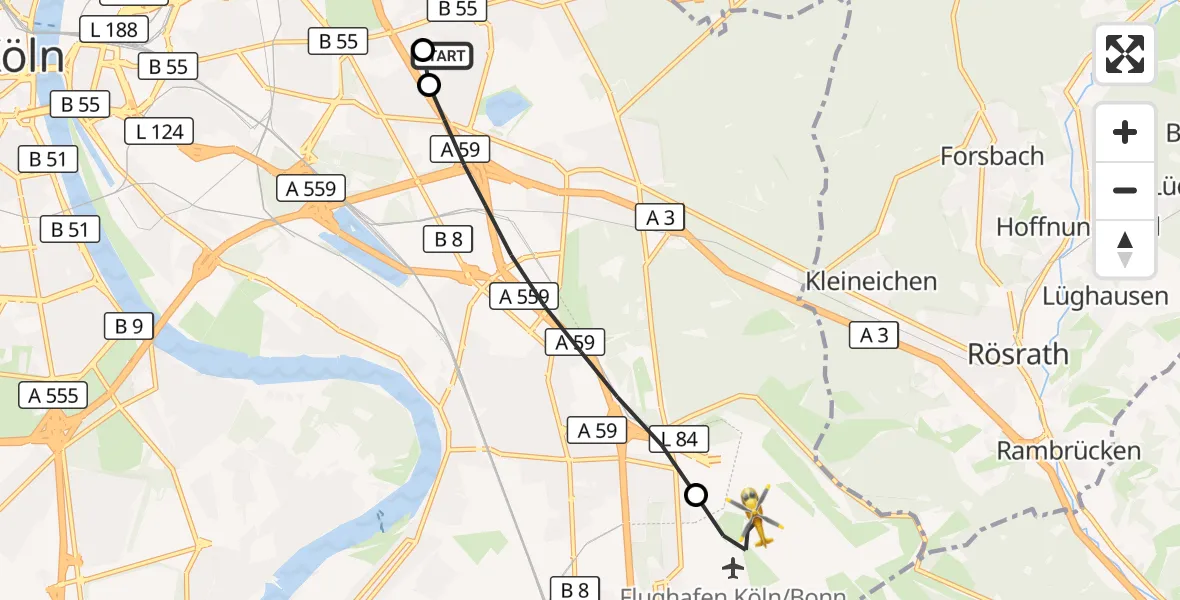 Flugroute Rettungshubschrauber Merheim Hospital - Köln Bonn Flughafen, 22 August 2026, 10:50
