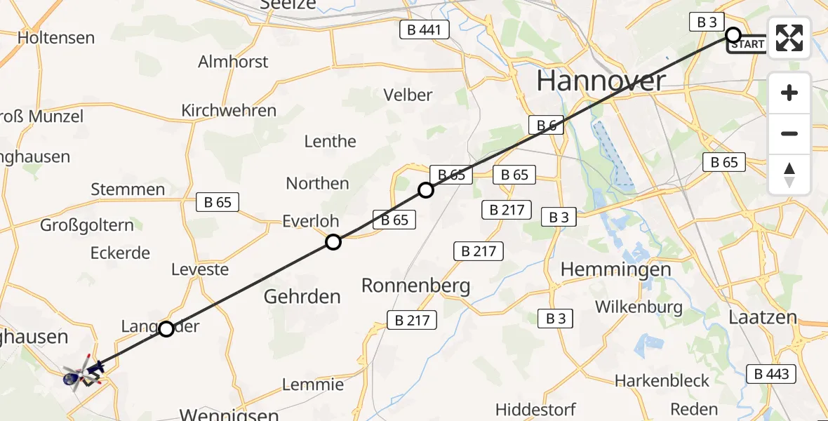 Flugroute Polizeihubschrauber Hannover Luftrettung Hubschrauberlandeplatz (Christoph 4) - Barsinghausen, 22 August 2026, 10:54