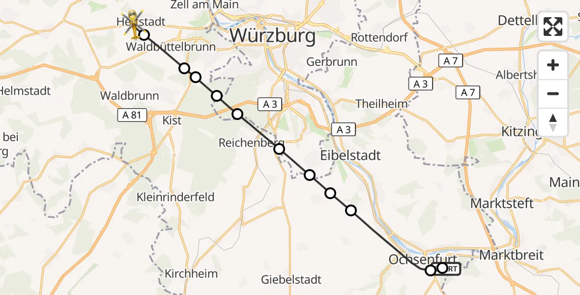 Flugroute Rettungshubschrauber Ochsenfurt Hospital - Hettstadt, 22 August 2026, 10:57