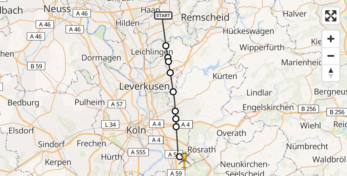 Flugroute Ambulanzhubschrauber Solingen - Köln Bonn Flughafen, 22 August 2026, 10:59