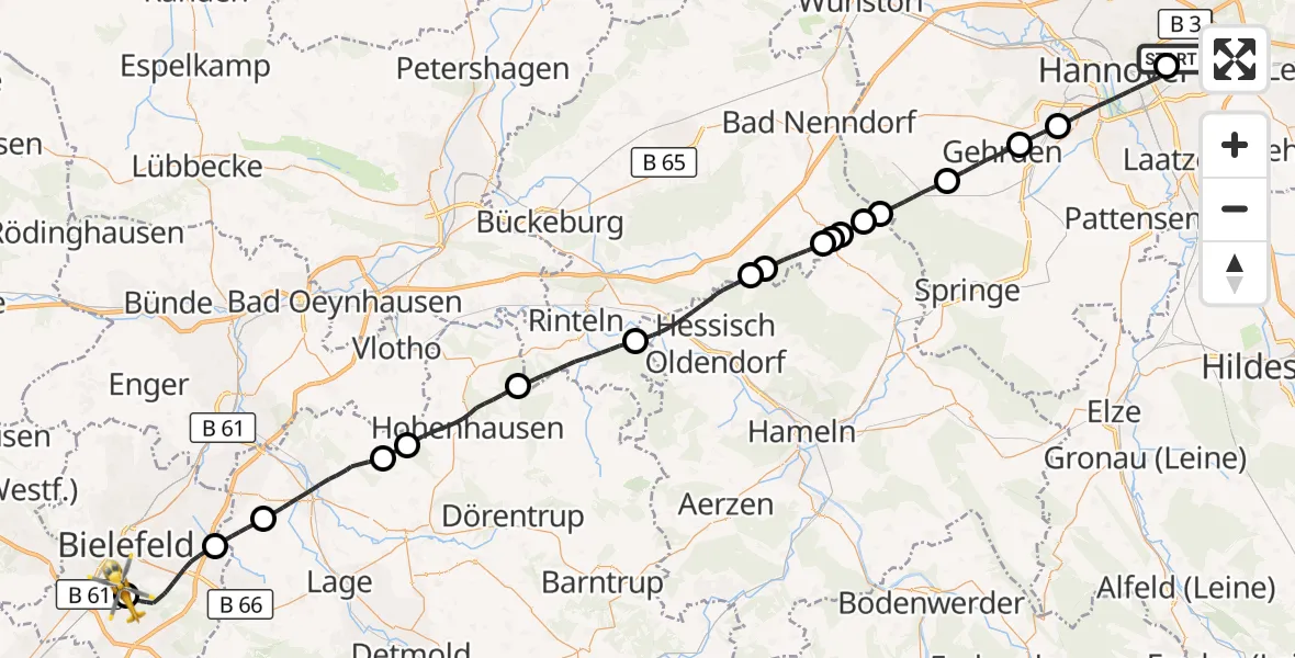 Flugroute Rettungshubschrauber Hannover Luftrettung Hubschrauberlandeplatz (Christoph 4) - Luftrettungszentrum Bielefeld, 22 August 2026, 11:00