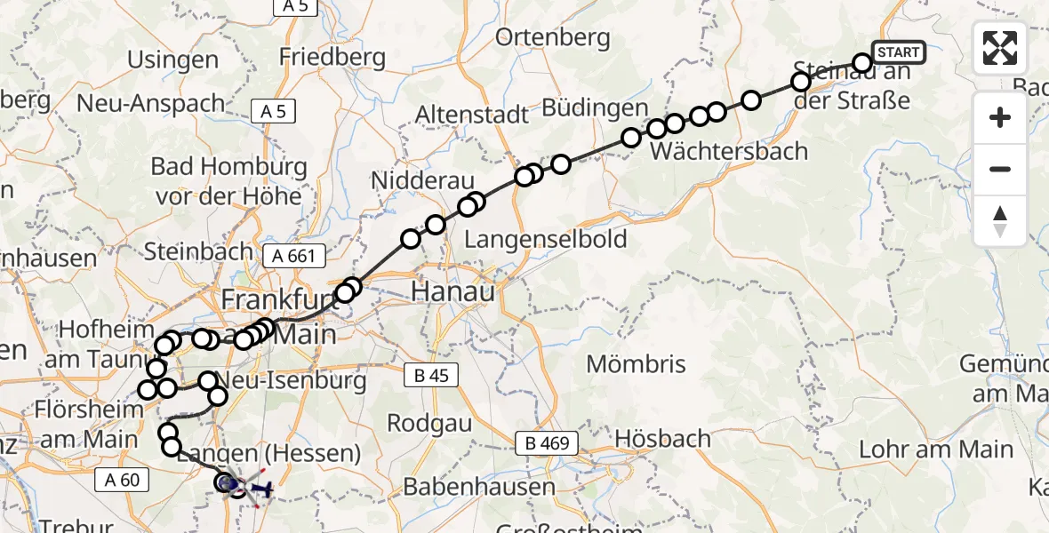 Flugroute Polizeihubschrauber Schlüchtern - Flughafen Frankfurt-Egelsbach, 22 August 2026, 11:11