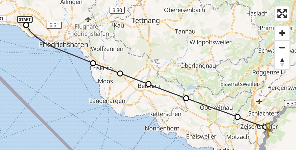 Flugroute Rettungshubschrauber Friedrichshafen Hospital - Sigmarszell, 22 August 2026, 11:17
