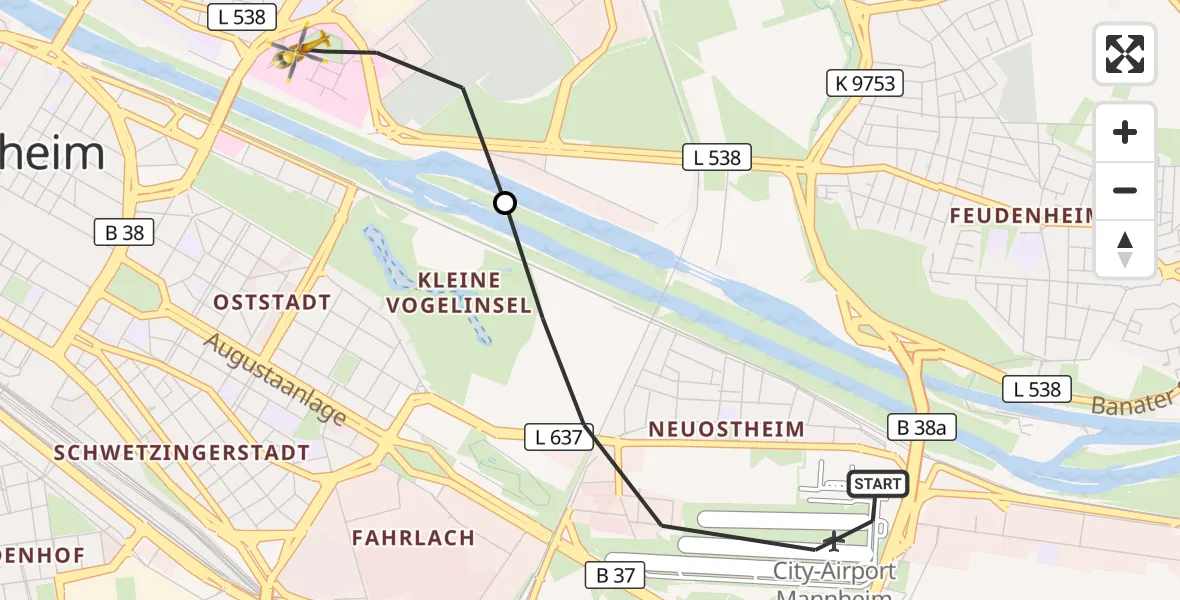 Flugroute Rettungshubschrauber Mannheim-City Flughafen - Mannheim, 22 August 2026, 11:17