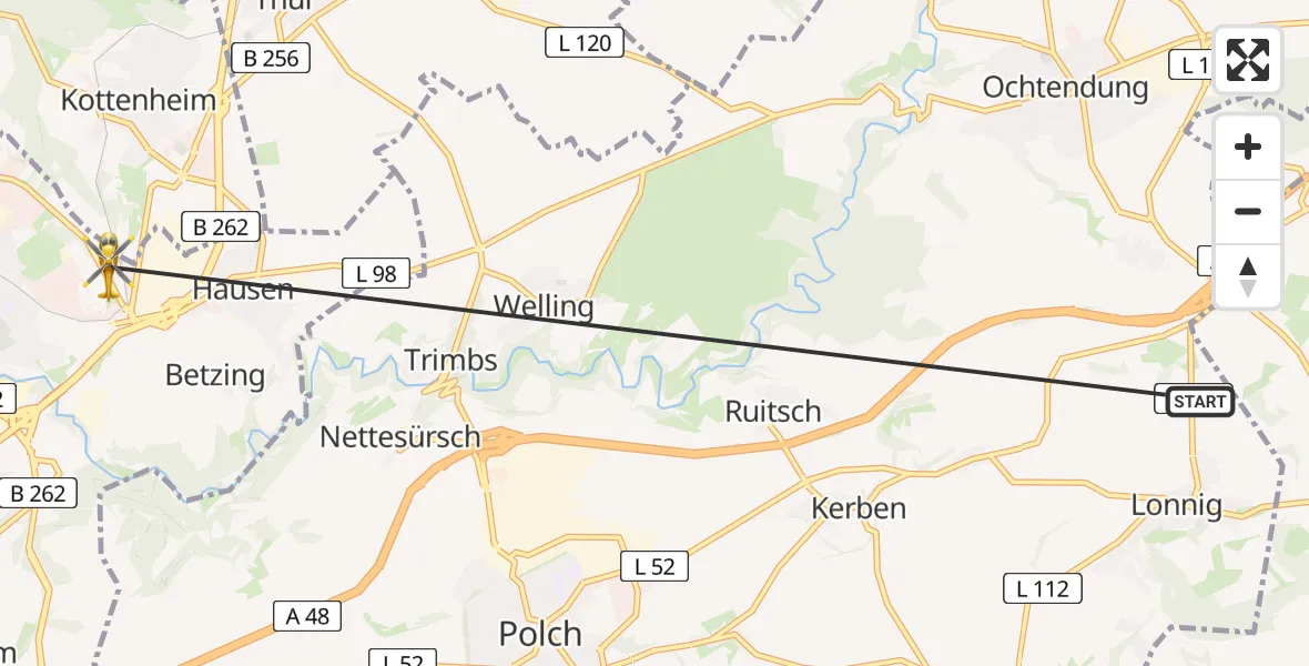 Flugroute Ambulanzhubschrauber Lonnig - Mayen, 22 August 2026, 11:21