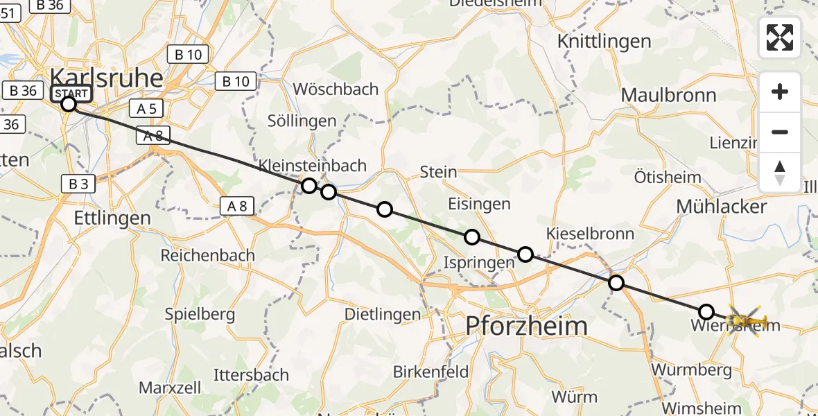 Flugroute Ambulanzhubschrauber Sankt Vincentius Hospital - Wiernsheim, 22 August 2026, 11:23