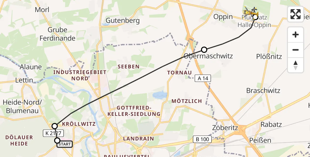 Flugroute Rettungshubschrauber Halle (Saale) University Hospital - Halle-Oppin Flugplatz, 22 August 2026, 11:26