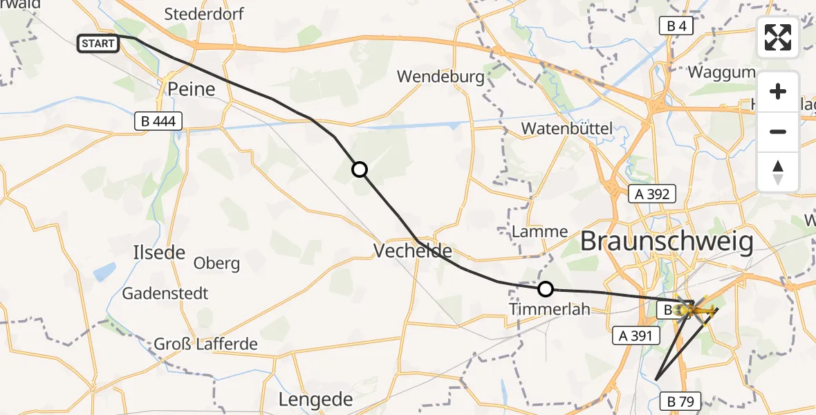 Flugroute Rettungshubschrauber Peine - Braunschweig, 22 August 2026, 11:26