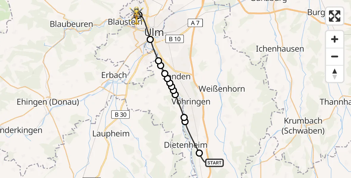 Flugroute Rettungshubschrauber Altenstadt - Ulm Military Hospital Emergency, 22 August 2026, 11:30