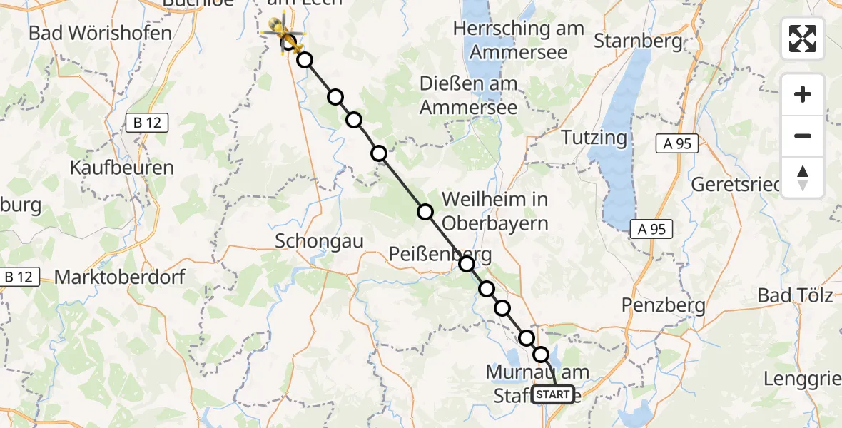 Flugroute Rettungshubschrauber Murnau a.Staffelsee - Landsberg am Lech, 22 August 2026, 11:48