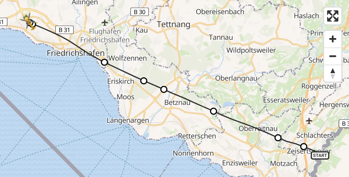 Flugroute Rettungshubschrauber Sigmarszell - Friedrichshafen Hospital, 22 August 2026, 11:52