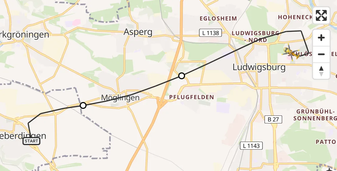 Flugroute Rettungshubschrauber Schwieberdingen - Ludwigsburg, 22 August 2026, 11:55
