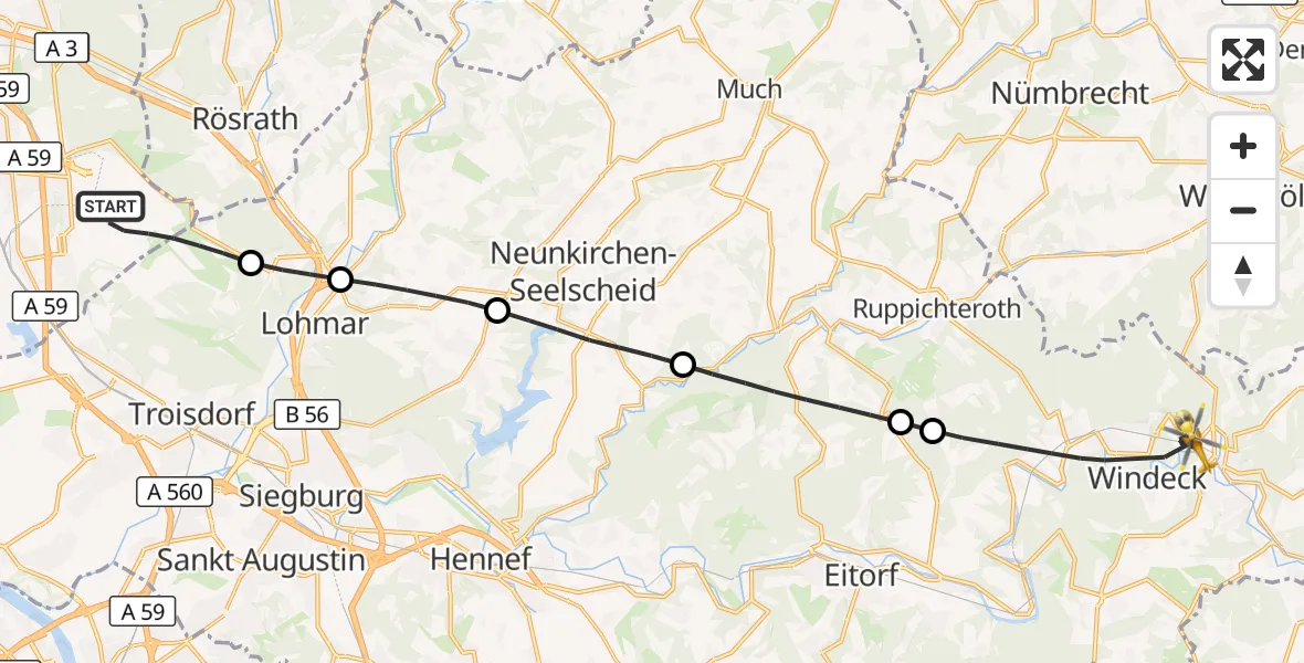 Flugroute Rettungshubschrauber Köln Bonn Flughafen - Windeck, 22 August 2026, 12:02