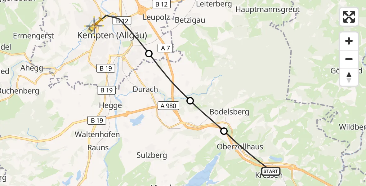 Flugroute Rettungshubschrauber Oy-Mittelberg - Kempten (Allgäu), 22 August 2026, 12:09