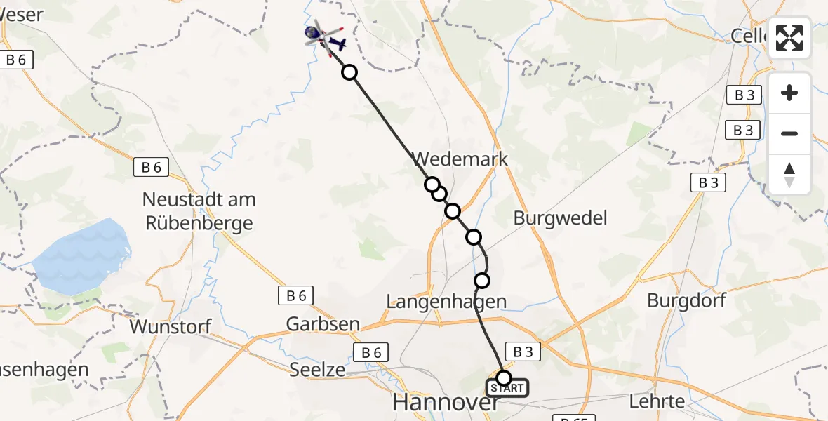 Flugroute Polizeihubschrauber Hannover Luftrettung Hubschrauberlandeplatz (Christoph 4) - Neustadt am Rübenberge, 22 August 2026, 12:10