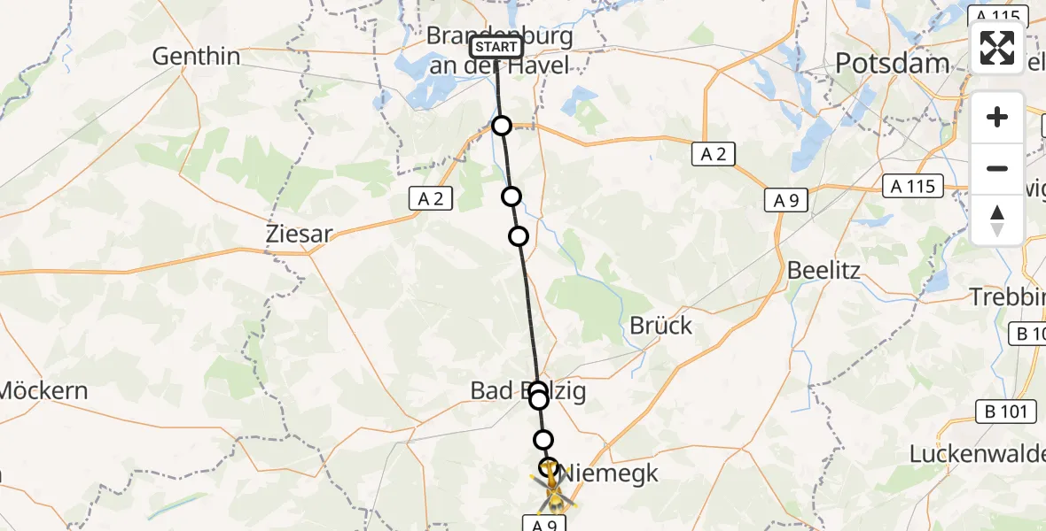 Flugroute Rettungshubschrauber Brandenburg an der Havel - Rabenstein/Fläming, 22 August 2026, 12:21