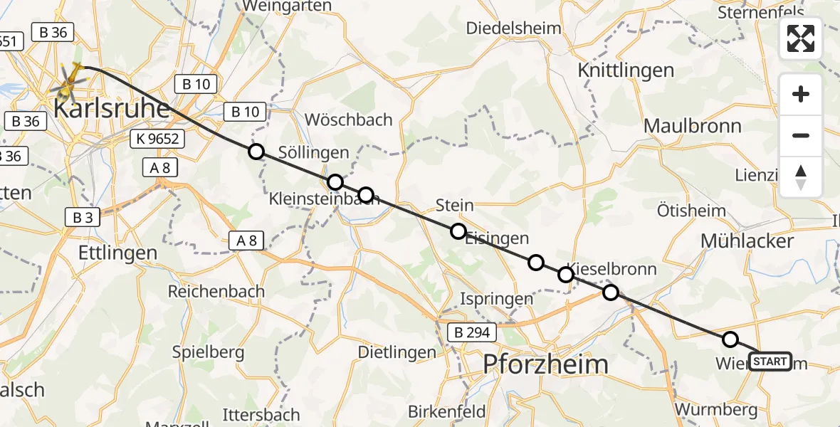 Flugroute Ambulanzhubschrauber Wiernsheim - Karlsruhe, 22 August 2026, 12:21